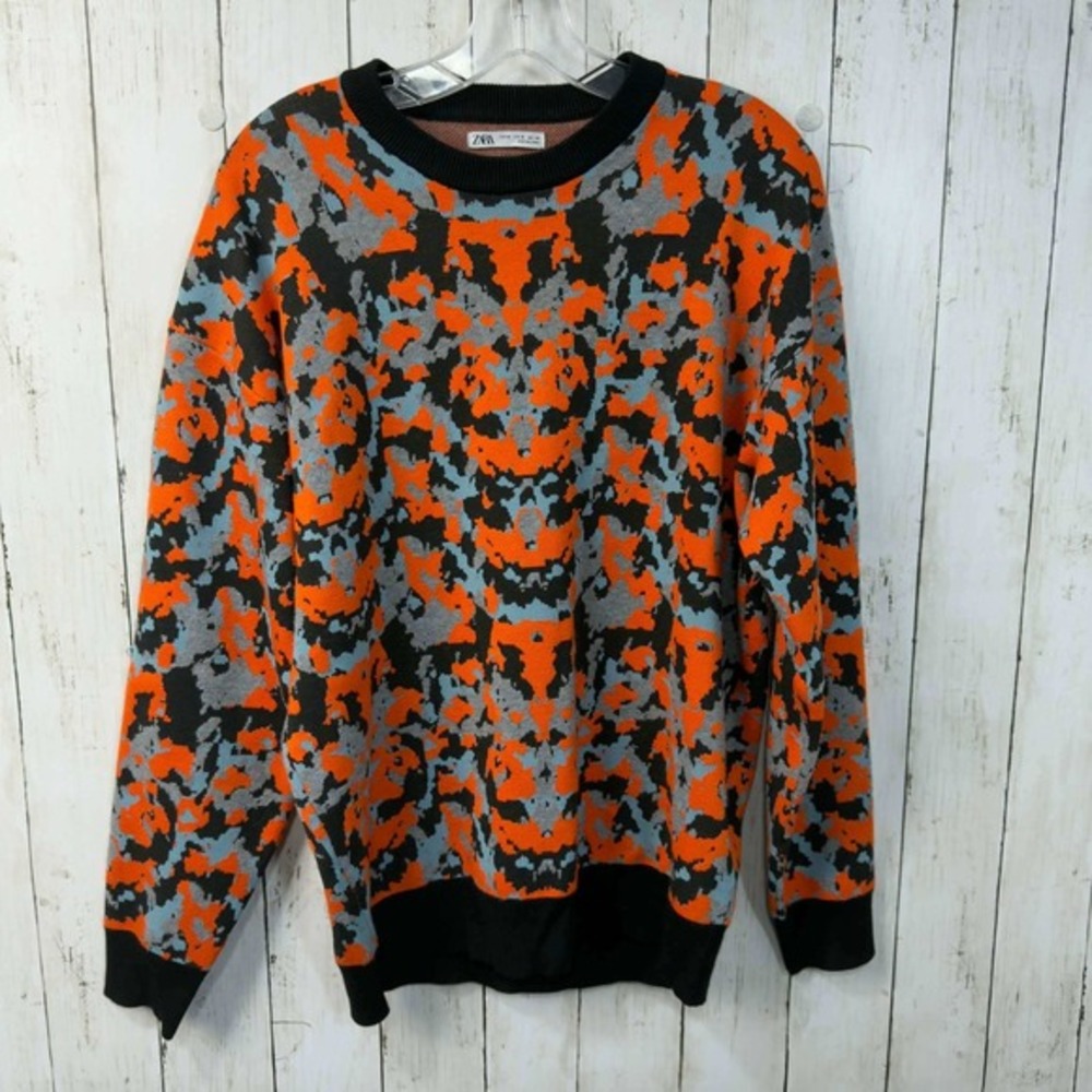 ZARA Women's Abstract Camo Knit Sweater Black Orange Gray Size M